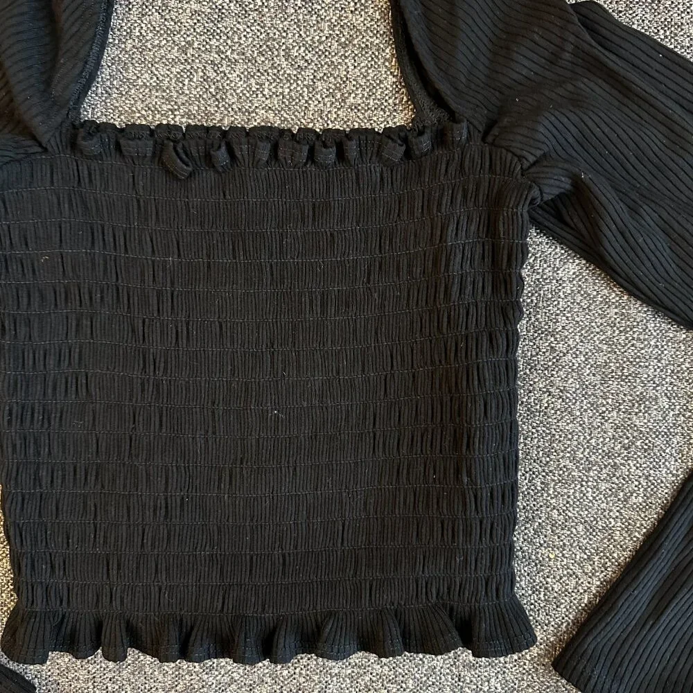 Reformation Black Smocked Long-Sleeve Square Neck Top